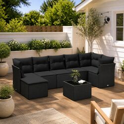 8-Piece Outdoor Sofa Set: Black Poly Rattan and Glass