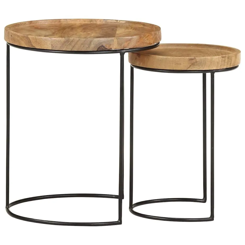 Coffee Table Set Living Room 2 Piece Solid Mango Wood Steel Frame