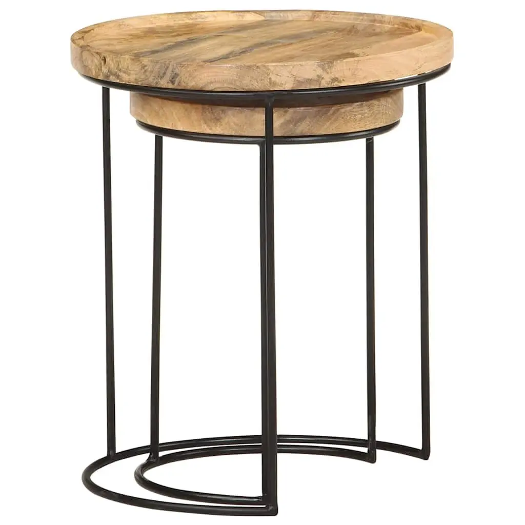 Coffee Table Set Living Room 2 Piece Solid Mango Wood Steel Frame