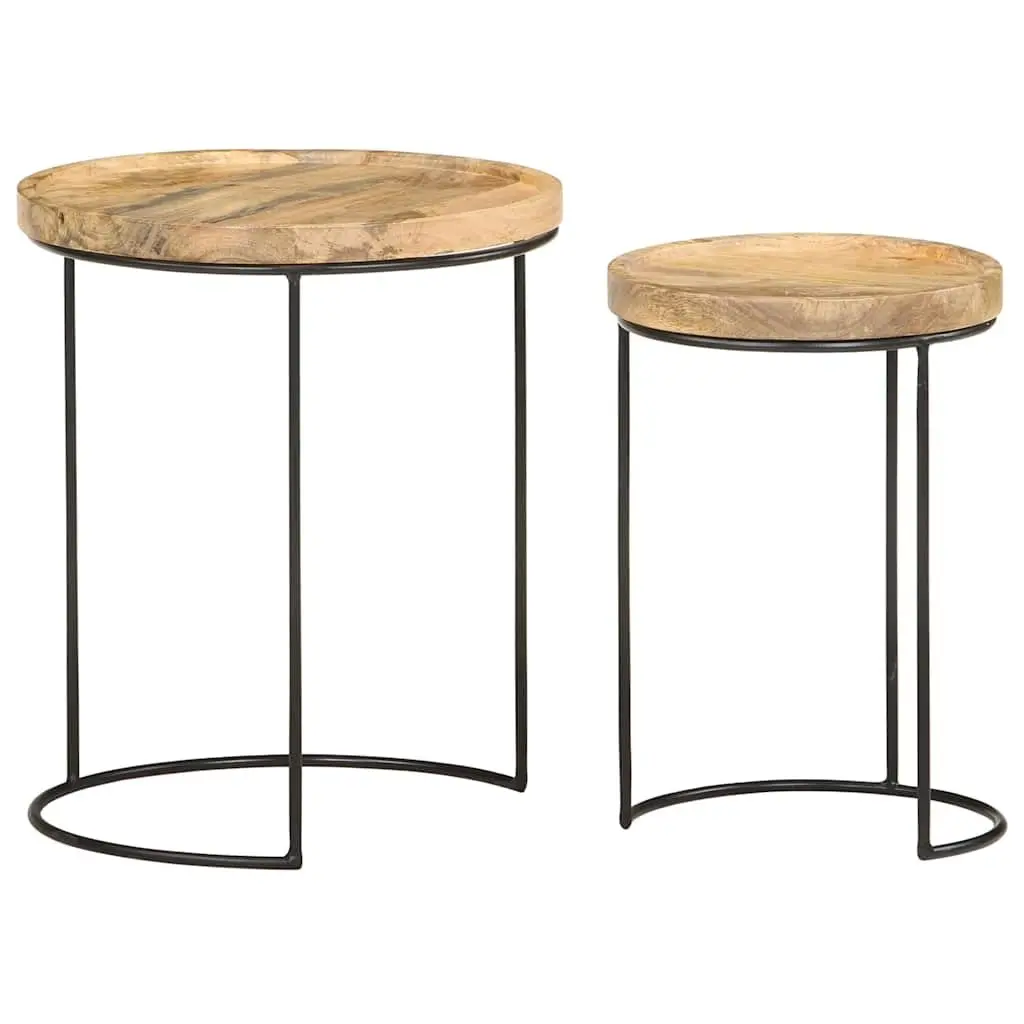 Coffee Table Set Living Room 2 Piece Solid Mango Wood Steel Frame