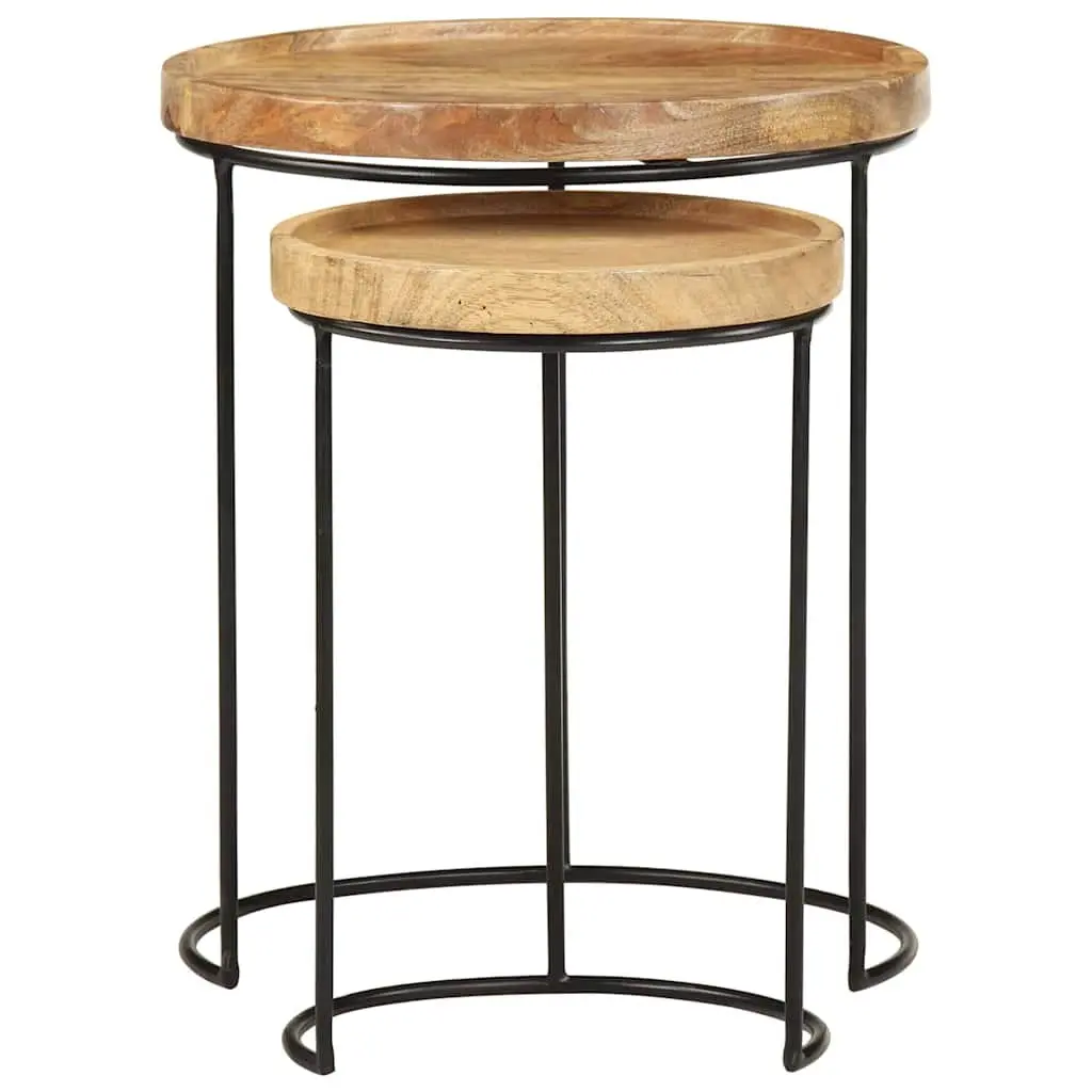 Coffee Table Set Living Room 2 Piece Solid Mango Wood Steel Frame