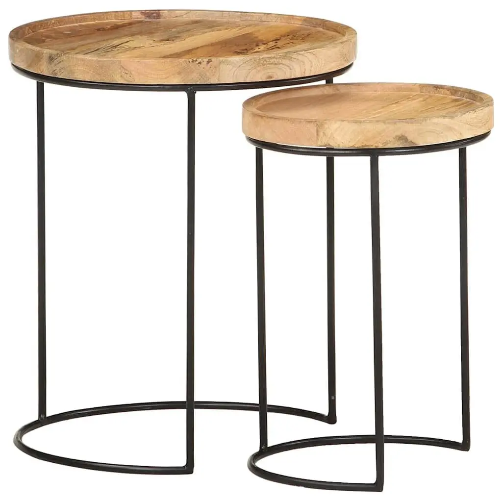 Coffee Table Set Living Room 2 Piece Solid Mango Wood Steel Frame