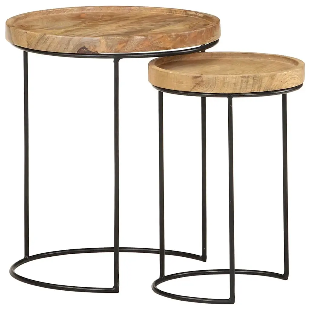 Coffee Table Set Living Room 2 Piece Solid Mango Wood Steel Frame