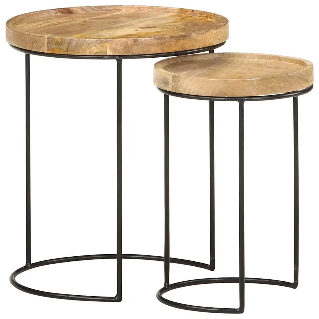Coffee Table Set Living Room 2 Piece Solid Mango Wood Steel Frame