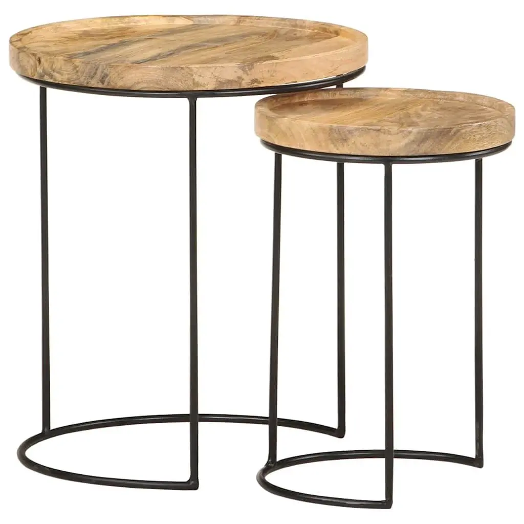 Coffee Table Set Living Room 2 Piece Solid Mango Wood Steel Frame