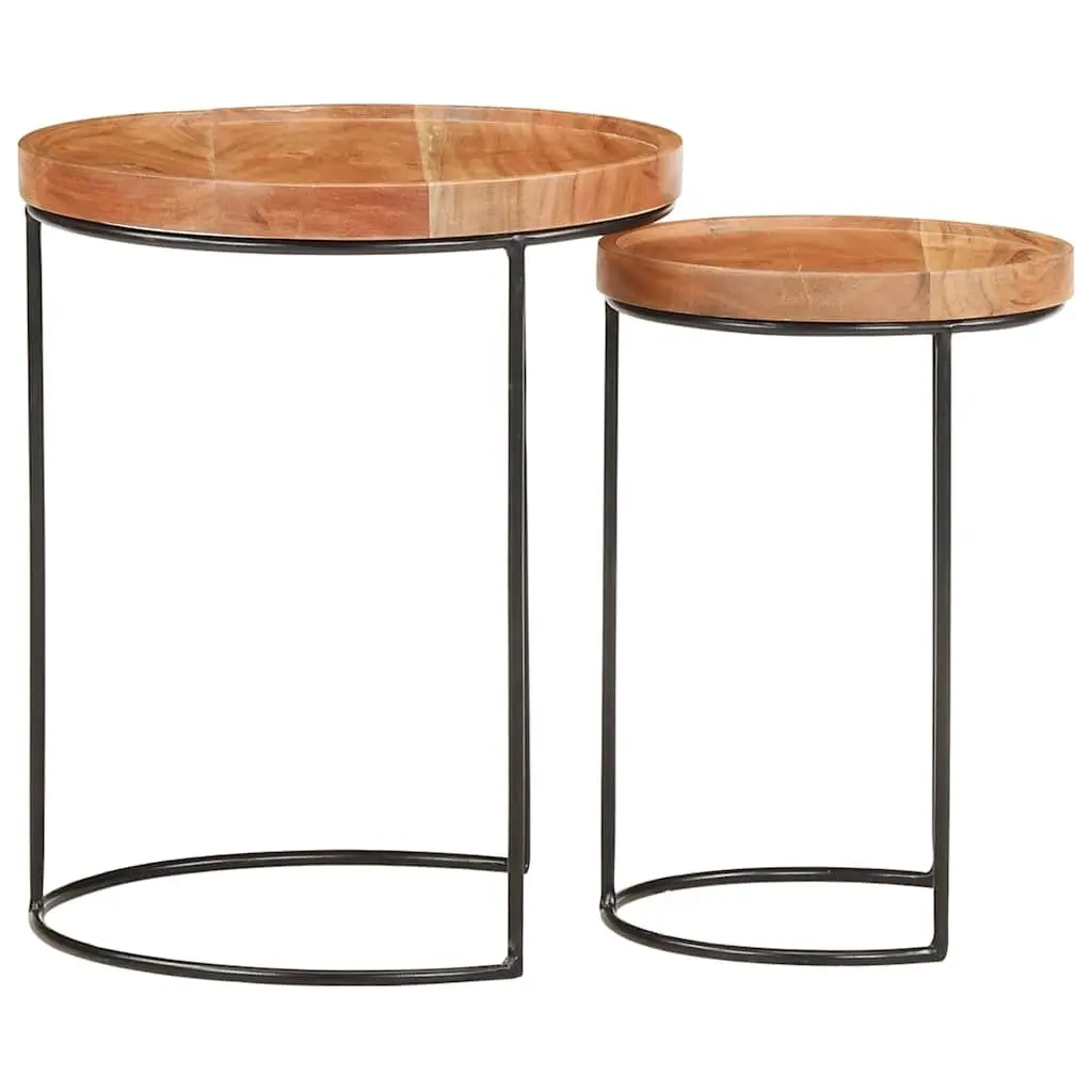 2 Piece Coffee Table Set Living Room Solid Acacia Wood Steel Frame Brown