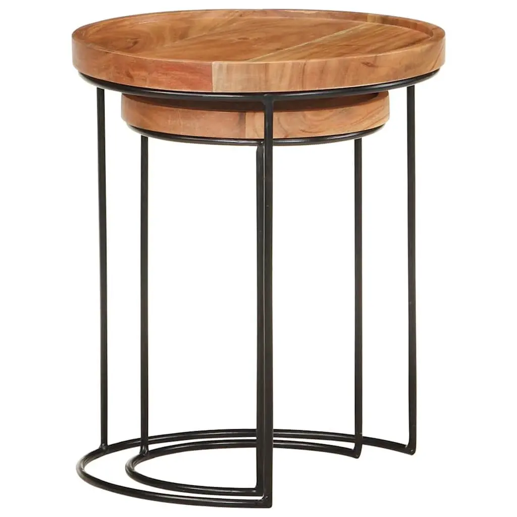 2 Piece Coffee Table Set Living Room Solid Acacia Wood Steel Frame Brown