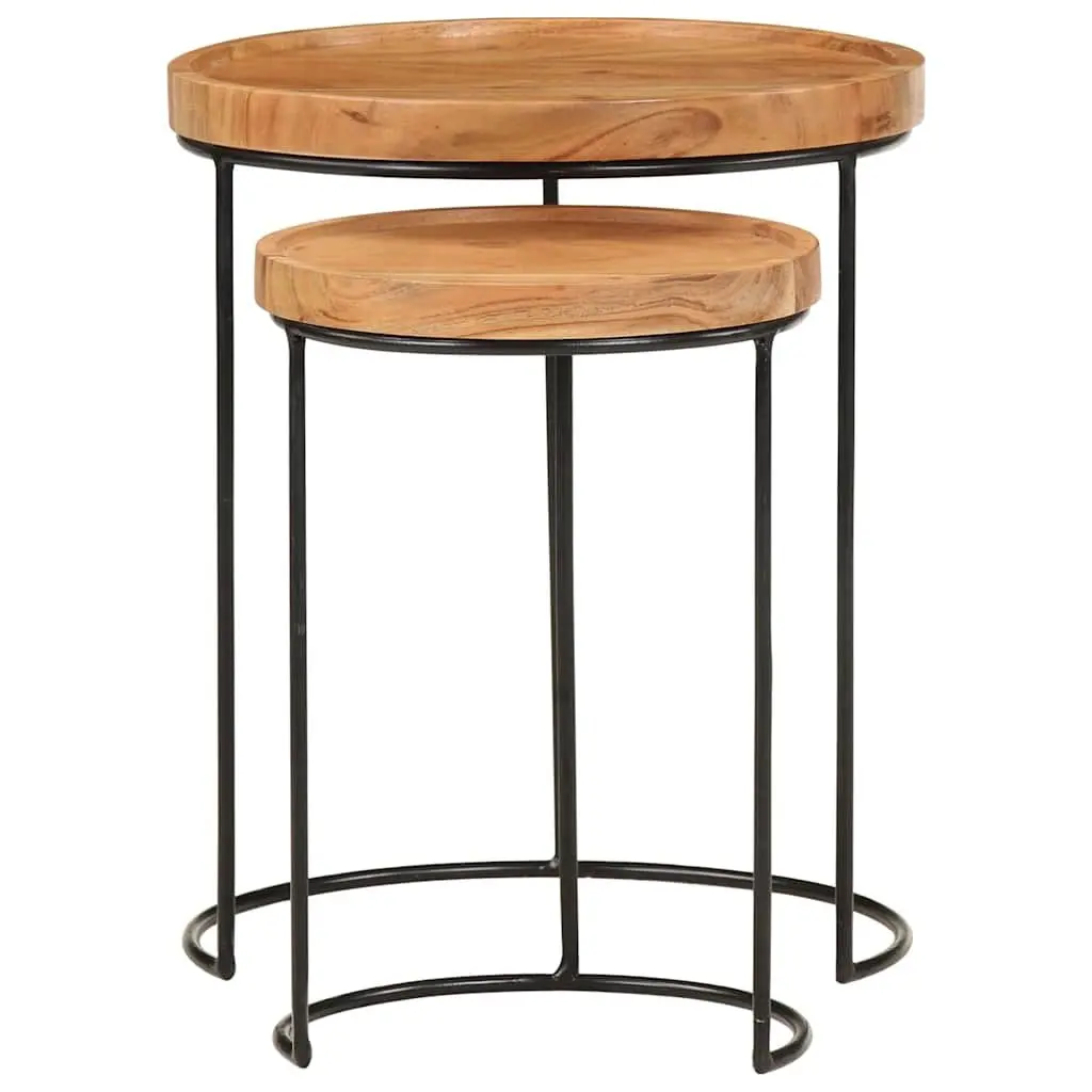 2 Piece Coffee Table Set Living Room Solid Acacia Wood Steel Frame Brown