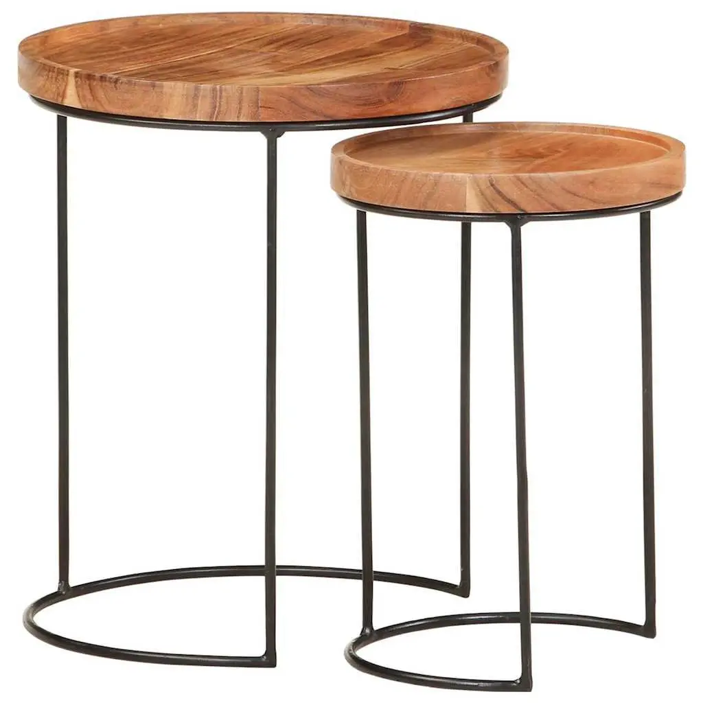2 Piece Coffee Table Set Living Room Solid Acacia Wood Steel Frame Brown