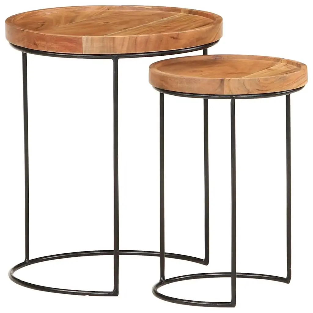 2 Piece Coffee Table Set Living Room Solid Acacia Wood Steel Frame Brown