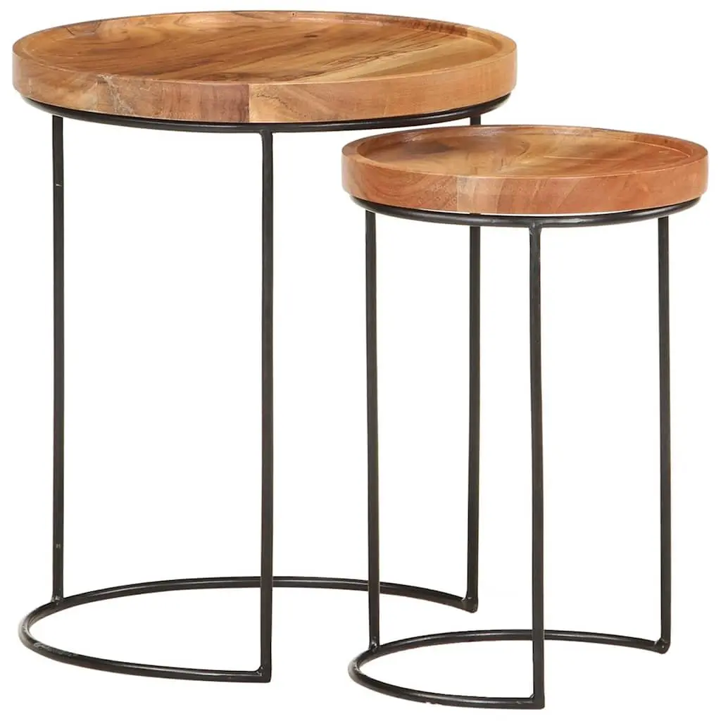2 Piece Coffee Table Set Living Room Solid Acacia Wood Steel Frame Brown