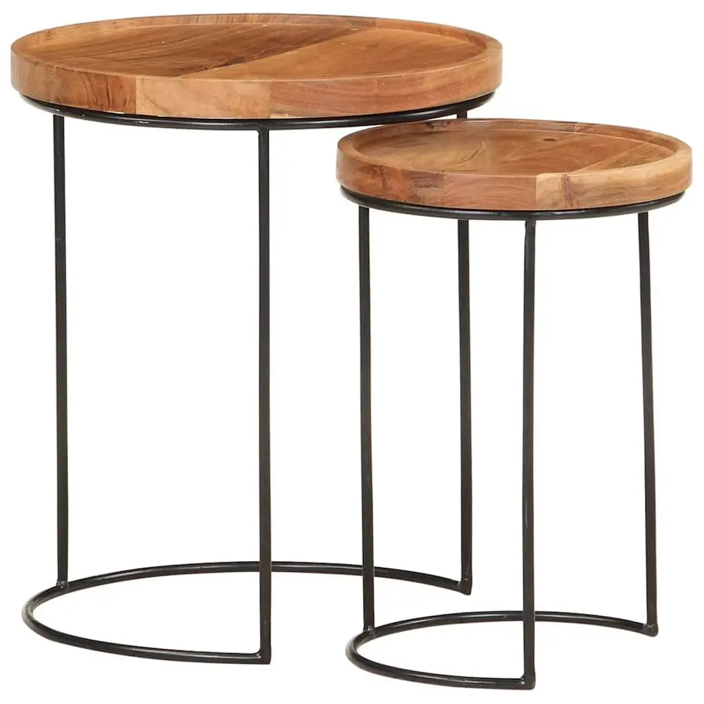 2 Piece Coffee Table Set Living Room Solid Acacia Wood Steel Frame Brown