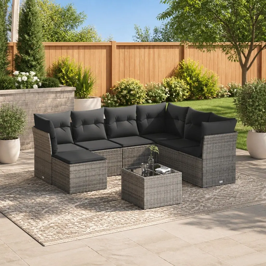 Outdoor Furniture Sofa Set 8 Piece Modular Grey Poly Rattan with Cushions for Garden and Patio
