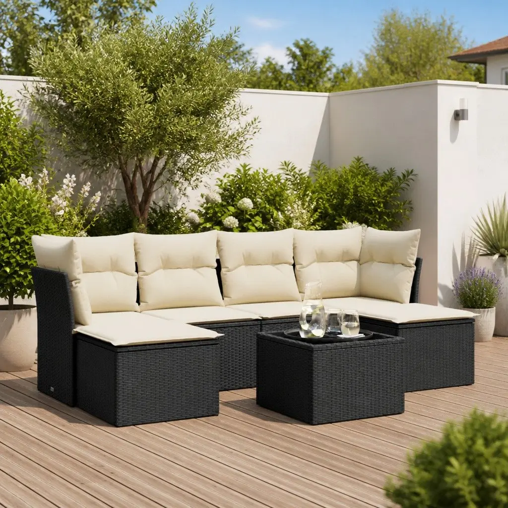 7 Piece Outdoor Sofa Set Black Rattan for Patio and Garden with Cushions