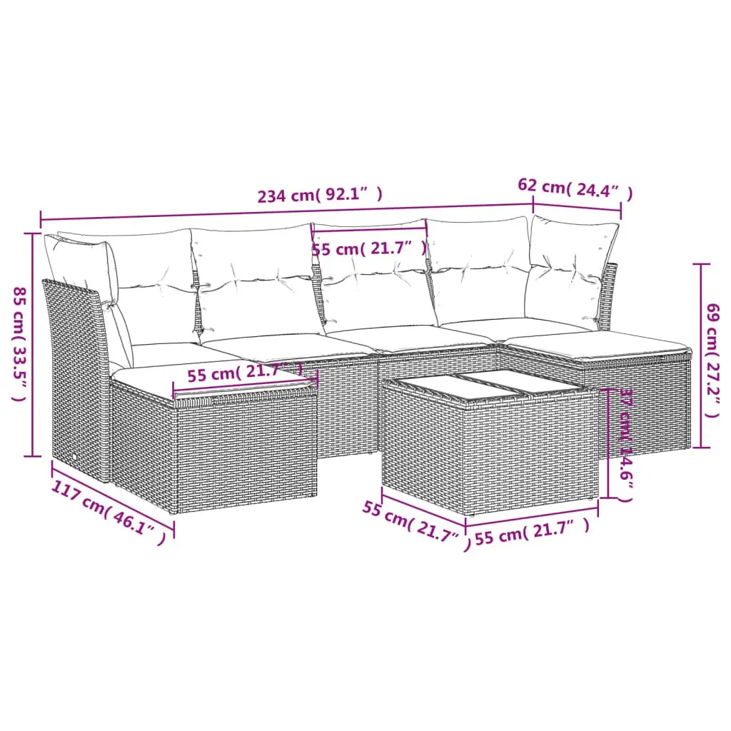 7 Piece Outdoor Sofa Set Black Rattan for Patio and Garden with Cushions