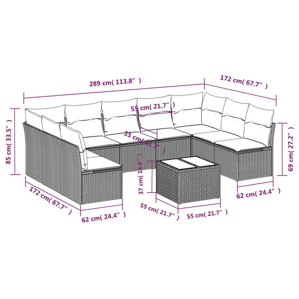 Garden Sofa Set 10 Piece Outdoor Patio Furniture Black Poly Rattan with Cushions