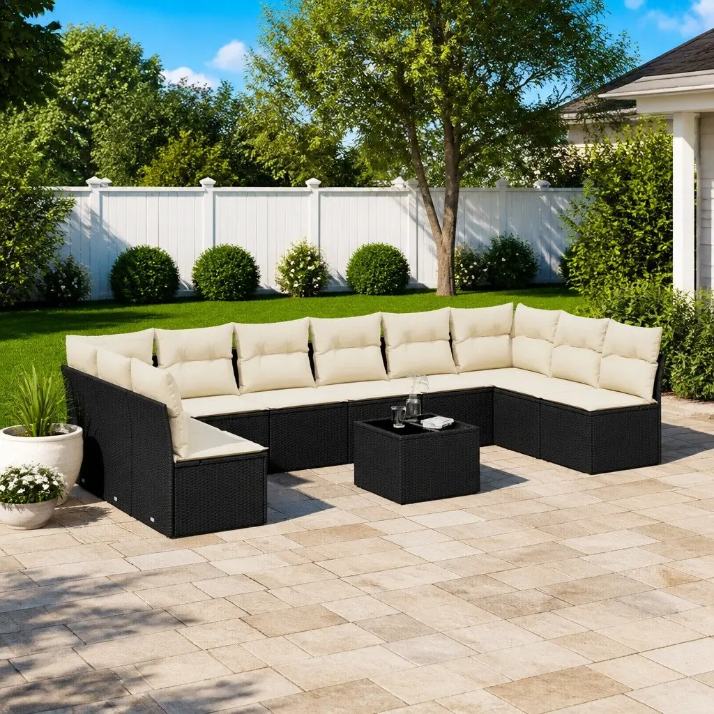 Garden Sofa Set 11 Piece Outdoor Furniture Black Poly Rattan Cushions Patio