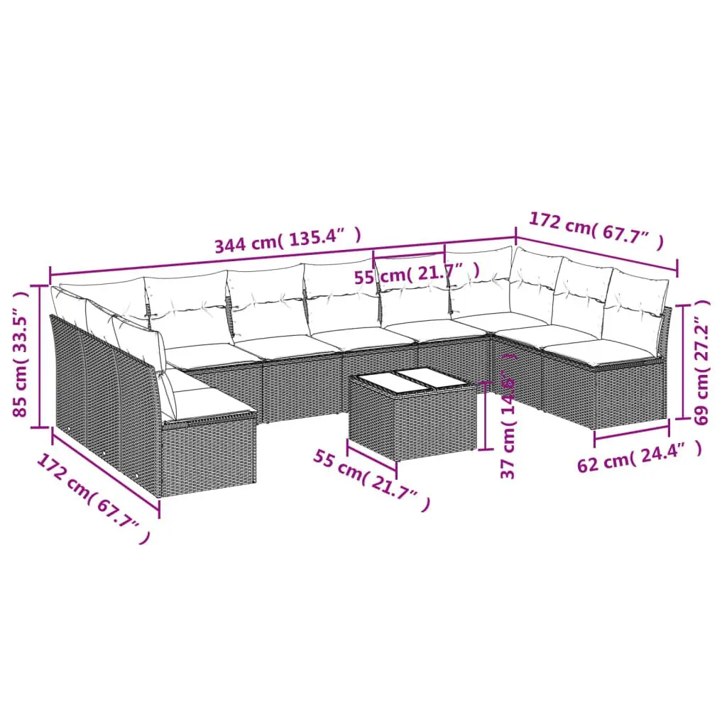 Grey 11-Piece Outdoor Sofa Set with Cushions