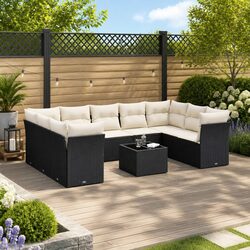 Black Poly Rattan Garden Sofa Set 10 Piece with Cushions
