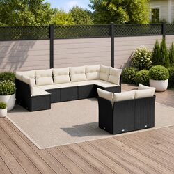 Garden Sofa Set - 9 Pieces, PE Rattan, Black with Cushions