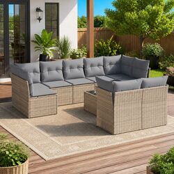 10-Piece Garden Sofa Set - PE Rattan, Beige Cushions