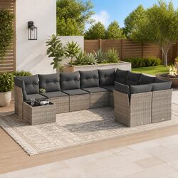 Garden Sofa Set: 10 Pieces, Grey Cushions, PE Rattan