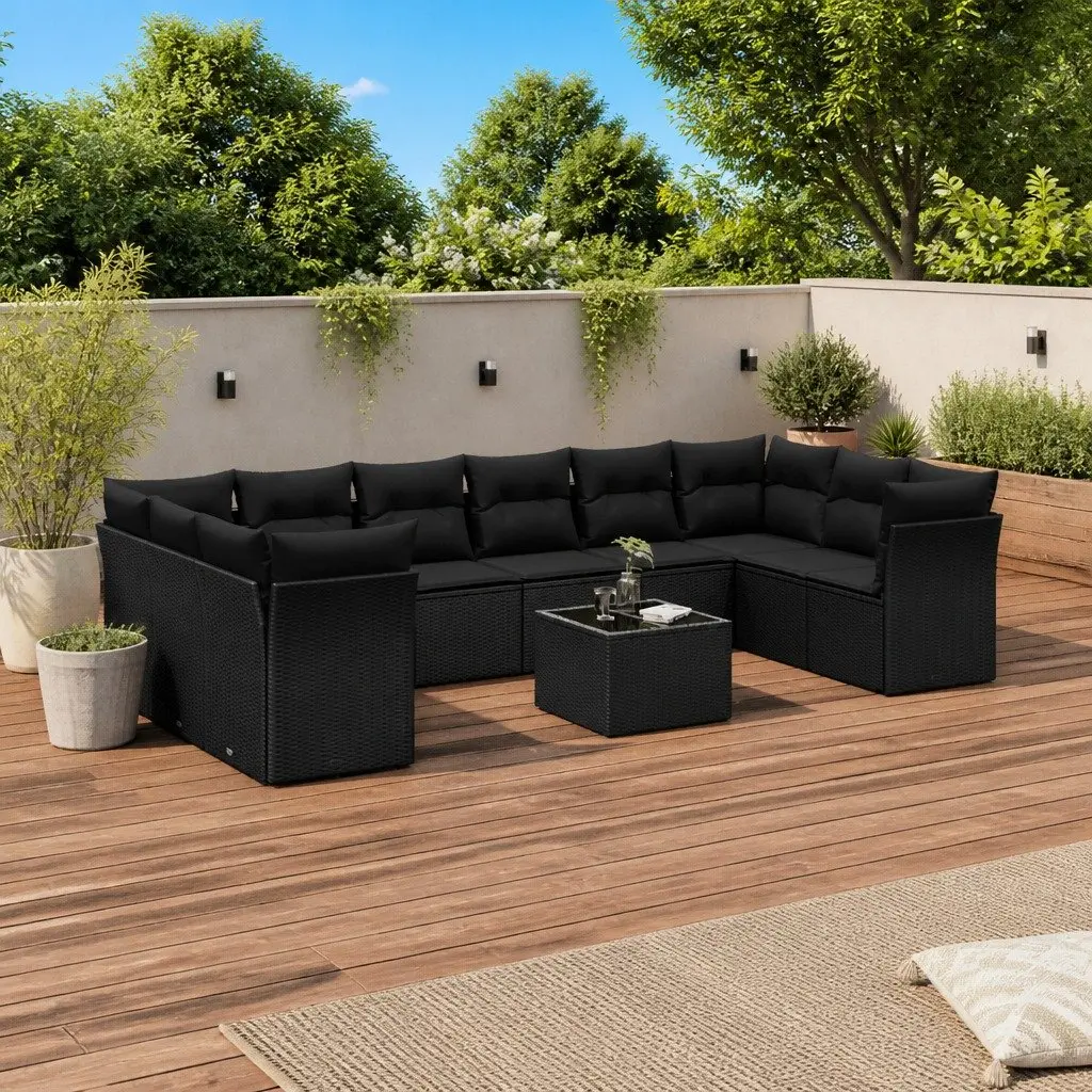 11 Piece Black Poly Rattan Outdoor Garden Sofa Set for Patio with Cushions