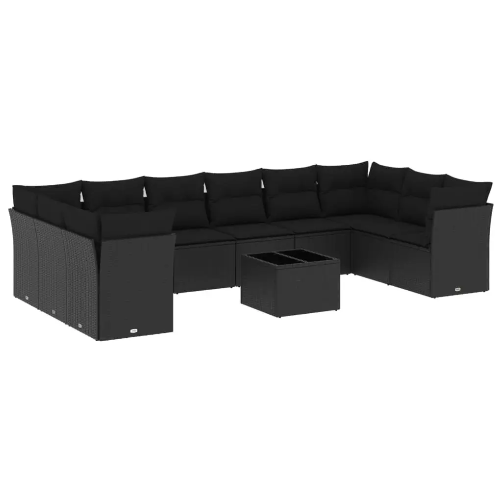11 Piece Black Poly Rattan Outdoor Garden Sofa Set for Patio with Cushions