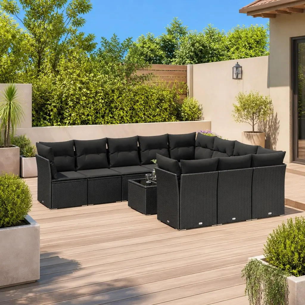 11 Piece Outdoor Sofa Set Modular Black Poly Rattan Furniture with Cushions for Patio and Garden