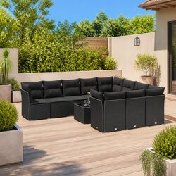Garden Sofa Set 11 Piece Outdoor Furniture Patio Black Poly Rattan with Cushions