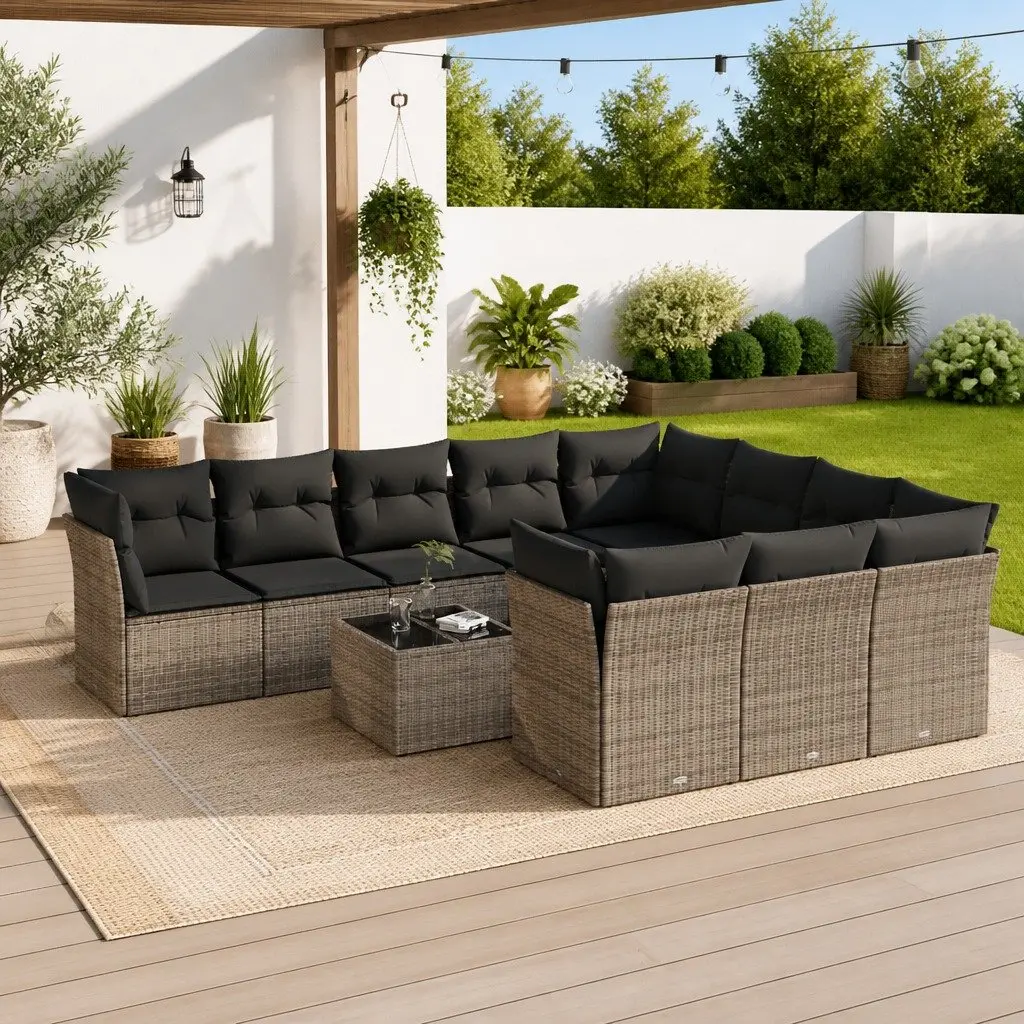 Garden Sofa Set 11 Piece Outdoor Furniture Grey Poly Rattan with Cushions Patio