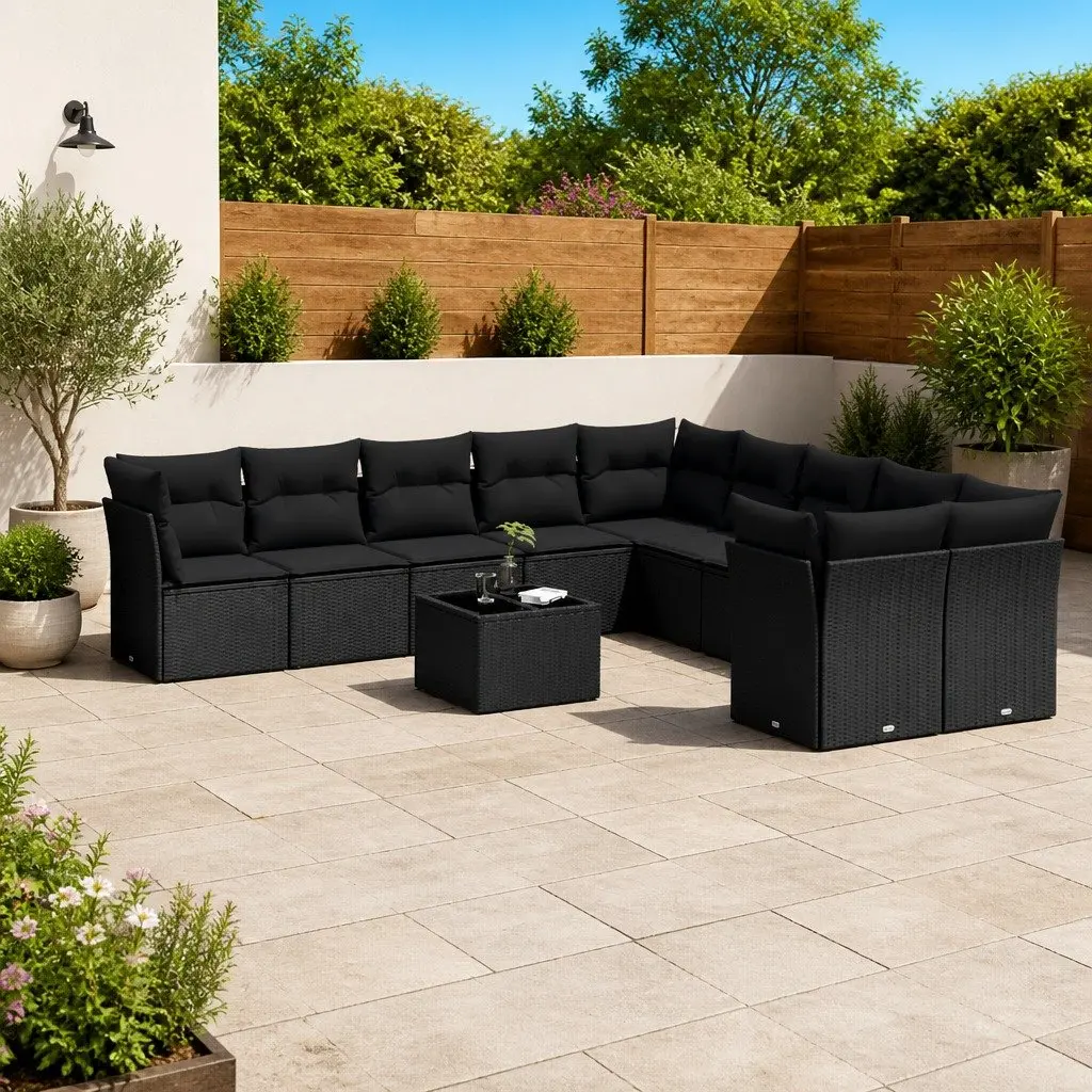 11-Piece Black Poly Rattan Sofa Set
