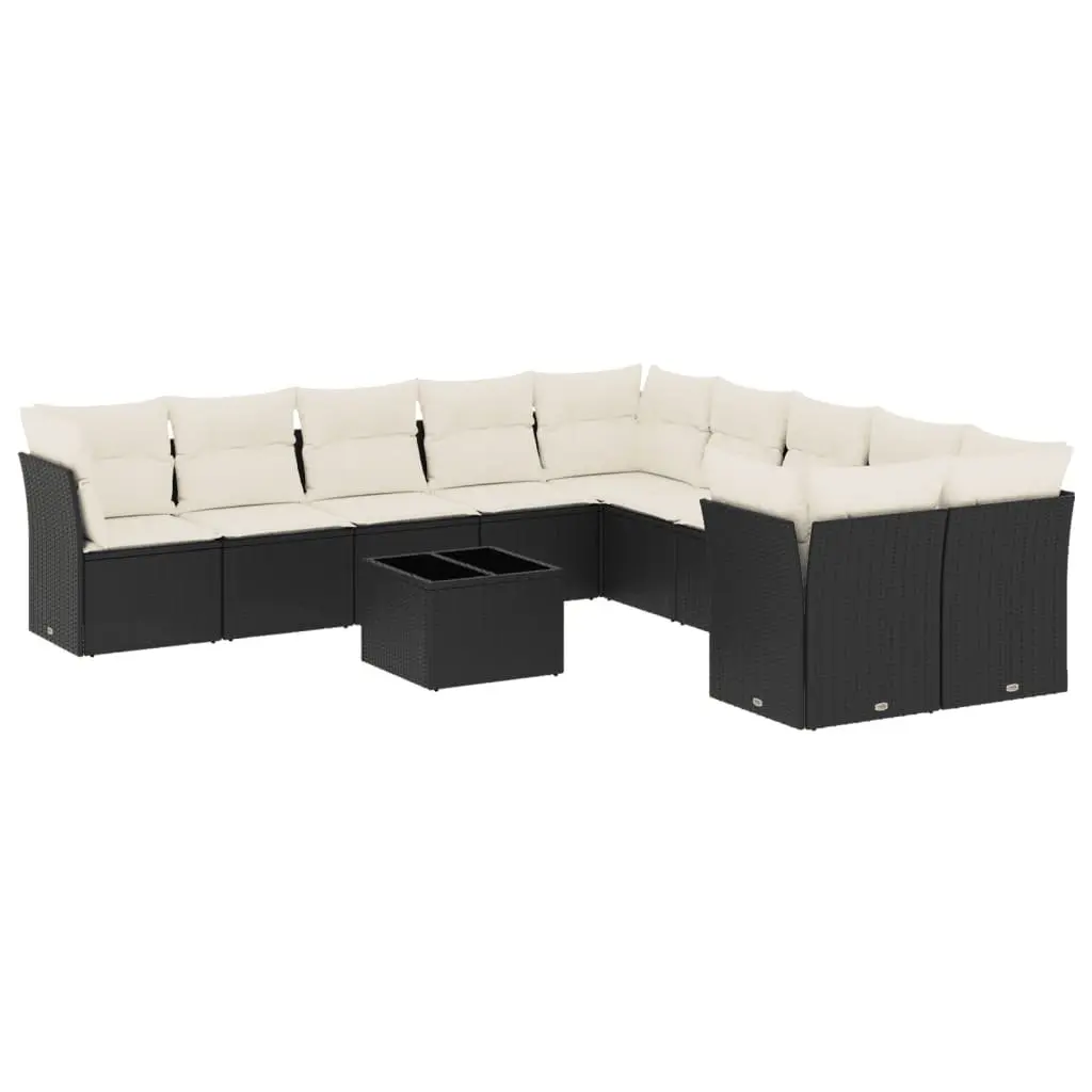 Outdoor Furniture Set 11 Piece Modular Black Poly Rattan Patio Sofa with Cushions and Glass Top