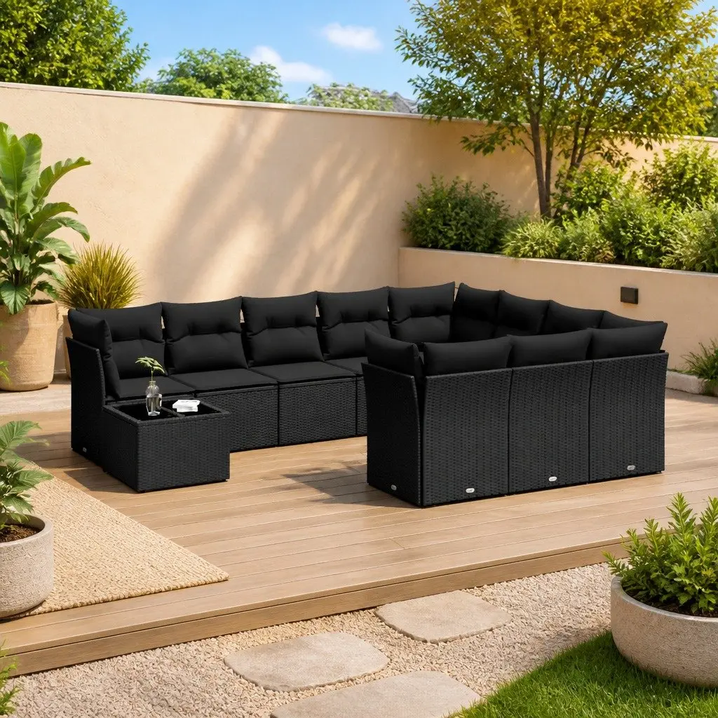 Garden Sofa Set 11 Piece Outdoor Furniture Black Poly Rattan for Patio and Garden