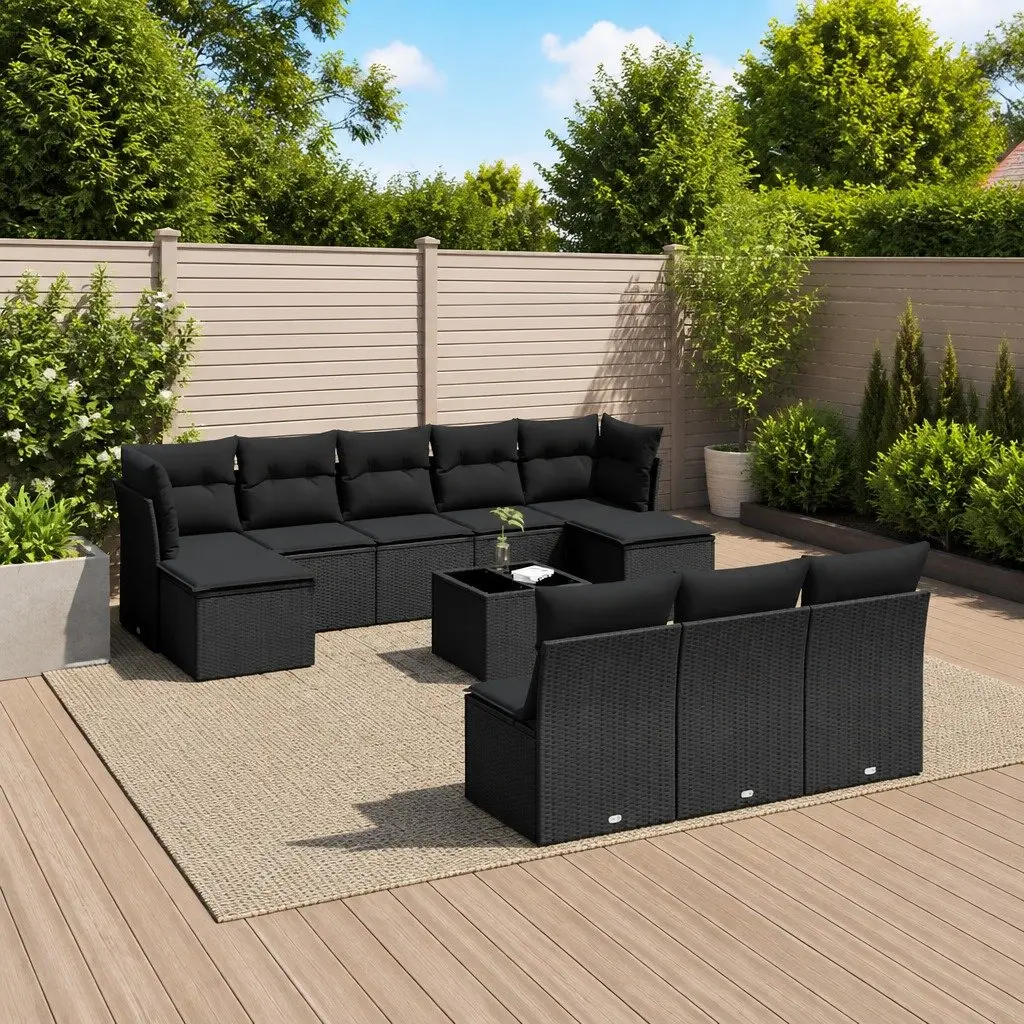 Modular Outdoor Sofa Set for Patio 11 Piece Black PE Rattan with Cushions and Tempered Glass Top