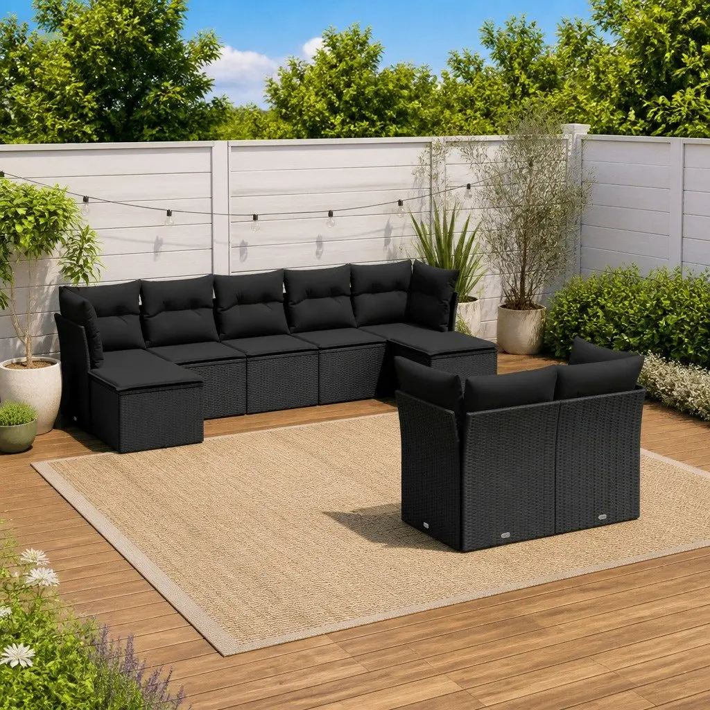 9 Piece Outdoor Garden Sofa Set for Patio with Cushions Black