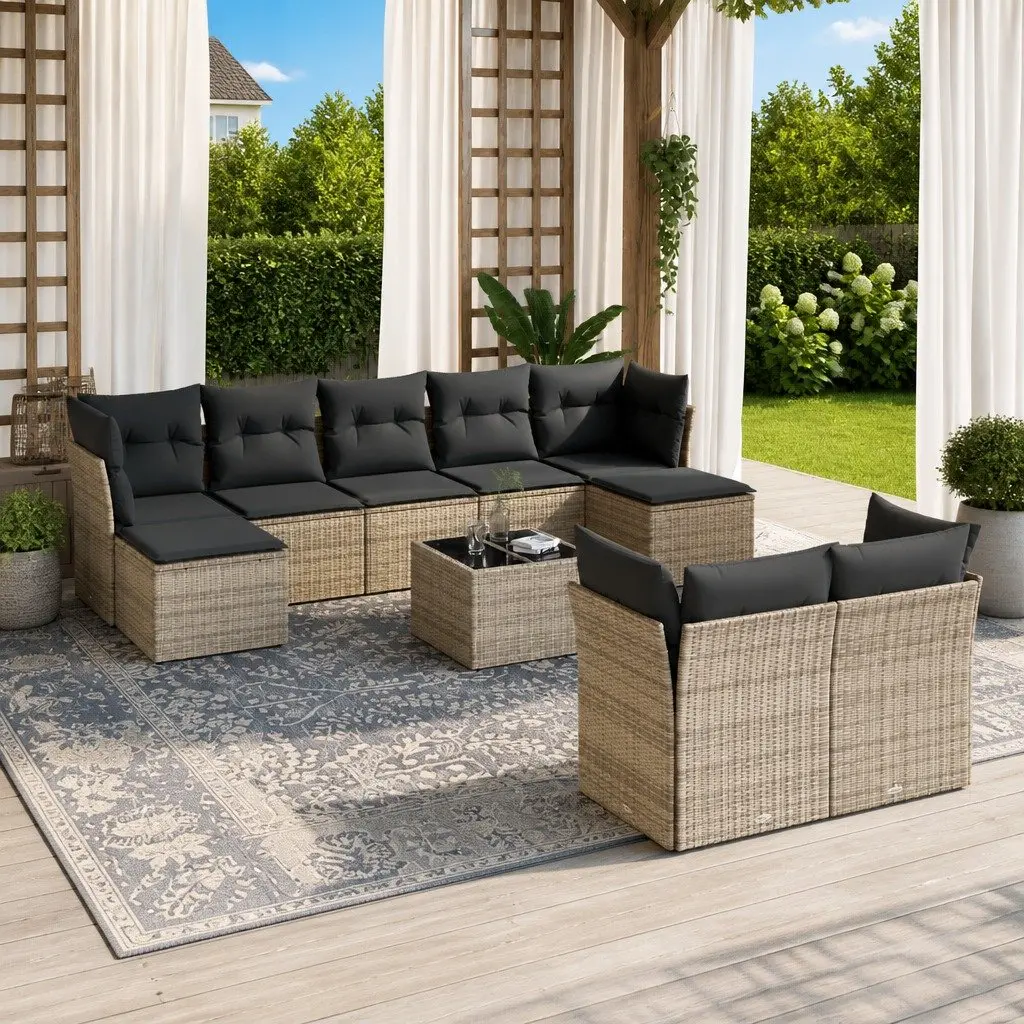 10 Piece Modular Garden Sofa Set Outdoor Furniture Grey Poly Rattan with Cushions for Patio and Backyard
