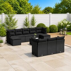 Outdoor Garden Sofa Set 11 Piece Patio Furniture Black Poly Rattan with Cushions