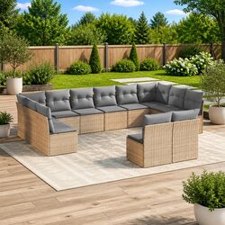Durable 12-Piece Outdoor Sofa Set - Beige Poly Rattan