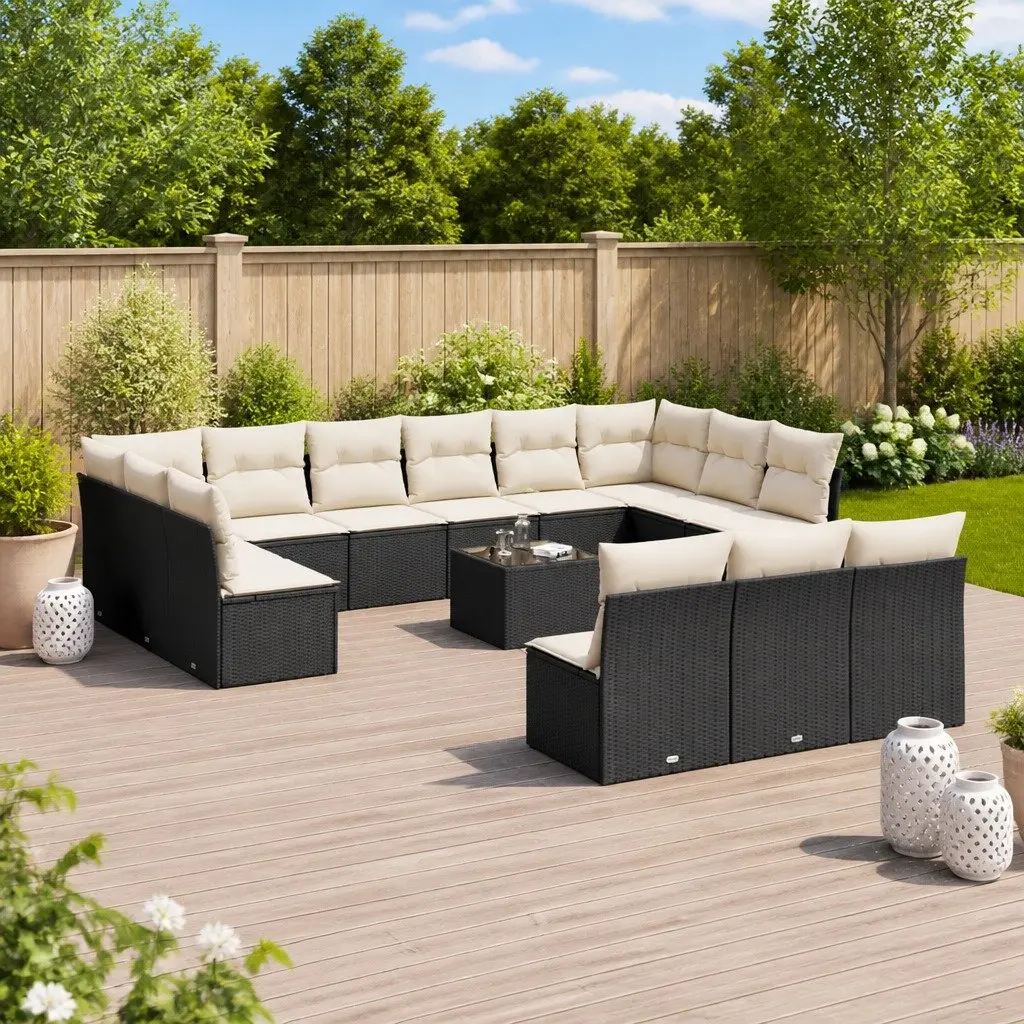 Garden Sofa Set Outdoor Use 14 Piece Black Poly Rattan Modular Patio