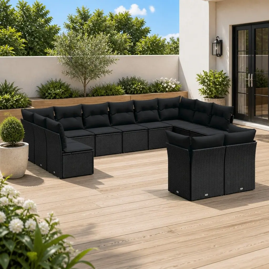 Garden Sofa Set Outdoor Furniture 12 Piece Black Poly Rattan with Cushions