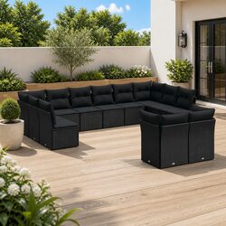 Garden Sofa Set 12 Piece Outdoor Furniture Black Poly Rattan with Cushions