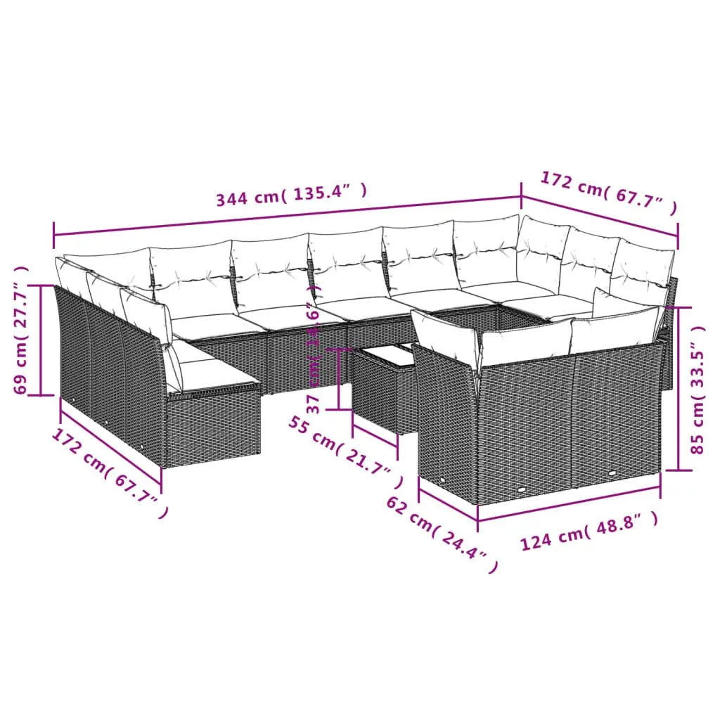Garden Sofa Set 13 Piece Outdoor Furniture Black Poly Rattan Patio Seating with