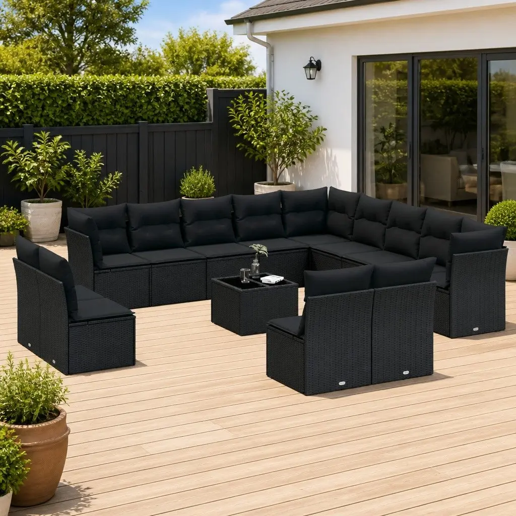 14-Piece Black Rattan Garden Sofa Set
