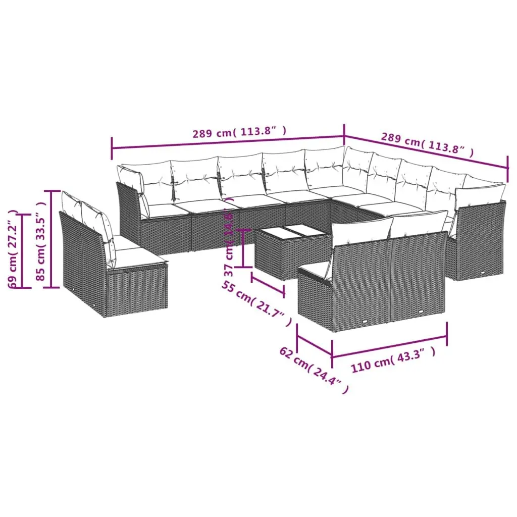 14-Piece Black Rattan Garden Sofa Set
