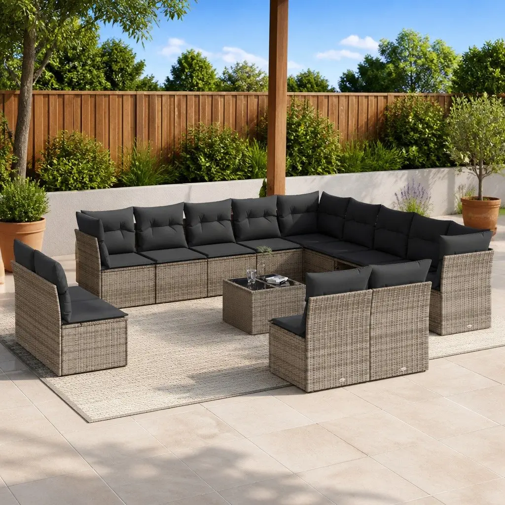 14 Piece Modular Outdoor Sofa Set for Garden Patio Lounge in Grey Poly Rattan with Cushions and Tempered Glass Table Top