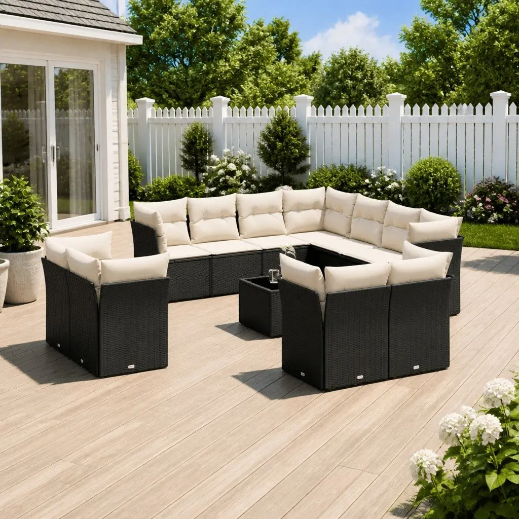 Outdoor Furniture Set 12 Piece Black Poly Rattan Sofa for Patio with Cushions