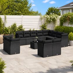 Garden Sofa Set 13 Piece Outdoor Furniture Black Poly Rattan with Cushions Patio