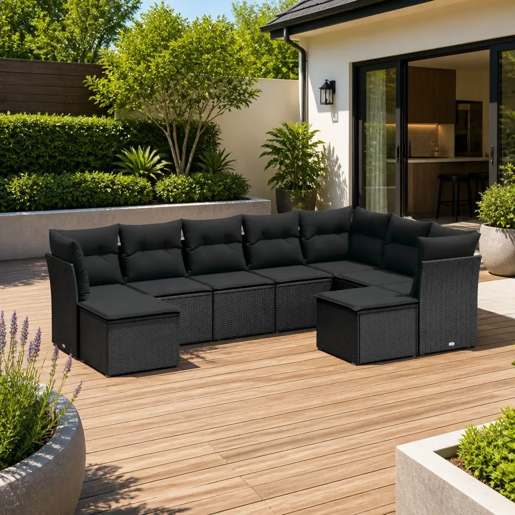 Garden Sofa Set 9 Piece Outdoor Patio Furniture Poly Rattan Black Cushions