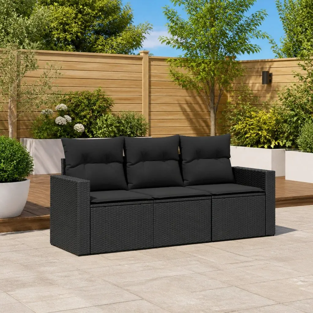 3 Piece Outdoor Garden Sofa Set for Patio Black PE Rattan with Cushions